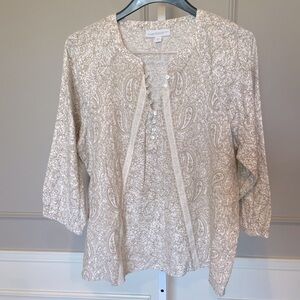 J. Jill Pure Medium organic cotton ivory tan paisley peasant blouse top v neck
